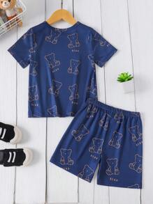 2pcs Toddler Boys' Round Neck Allover Print Casual T-Shirt & Shorts Sleepwear Set