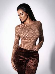 Zolique Kaos Wanita Motif Kotak-kotak Leher Bulat Lengan Panjang Slim Fit, Pakaian Musim Gugur untuk Wanita - Khaki - View 1