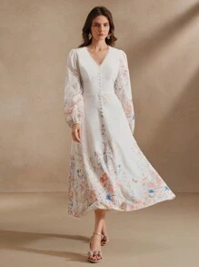 Anewsta 女士 V 领收腰灯笼袖长款花裙，女士度假春装 - 彩色 - 查看 4