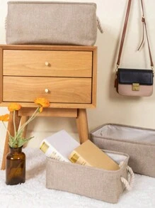 1/3 件米色可折叠桌面收纳篮，大容量带亚麻手柄篮子用于架子篮，壁橱整理器，玩具，杂物，文具，家居装饰 - 米色 - 查看 4