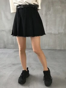 FRIFUL Falda vaquera plisada de unicolor, estilo casual de calle para mujer, falda de jeans de verano - Azul - Ver 6