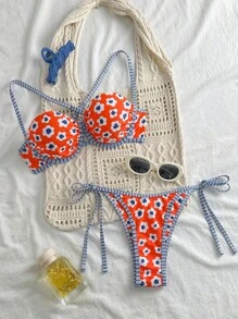 Swim Vcay Springbreak Women Multicolor Random Print Push-Up Side Tie Cute Bikini Set, Festival Boho For Summer Beach Vacation - Multicolor - View 5