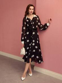 MOTF PREMIUM Váy chấm bi trong suốt có thắt lưng - Đen và trắng - Xem 4