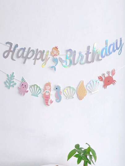 SHEIN 2pcs/Set Paper Hanging Flag, Cartoon Letter & Mermaid Decor Pull Flag For Birthday Party,Christmas