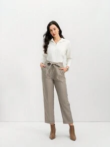 SHEIN LUNE 情人节女士格子系带腰口袋细节直筒休闲裤，办公室/通勤装 - 卡其色 - 查看 1