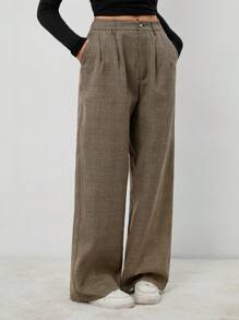 SHEIN Tall Pantalones tipo traje plisados a cuadros de estilo vintage, para otoño e invierno - Marrón - Ver 6