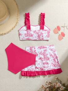 SHEIN Tween Girls Floral Print Frill Trim Bikini Swimwear Set With Mini Skirt - Pink - View 2
