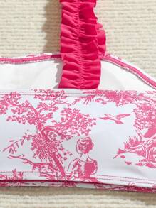 SHEIN Tween Girls Floral Print Frill Trim Bikini Swimwear Set With Mini Skirt - Pink - View 5