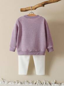 SHEIN Vintaside Kids 2 件套女宝宝休闲百搭舒适可爱针织面料蝴蝶结圆领宽松套头衫和修身裤两件套，适合室内或室外，性价比高 - 彩色 - 查看 2