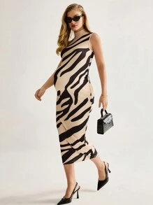 MaterniWear Maternity Crew Neck Sleeveless Detailed Pattern Casual Fitted Dress