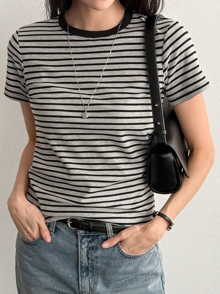 Women Summer New Striped Round Neck Casual Business Short Sleeve T-Shirt