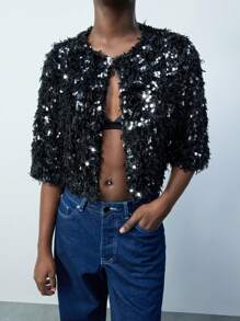 Maija Chaqueta urbana casual, versátil para usar a diario, en fiestas u ocasiones festivas, de manga media, cuello redondo, de material de lentejuelas negras, de corte holgado, adecuada para todas las estaciones, para mujeres