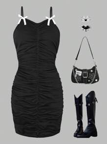 SHEIN Explorewe Teen Girl Black Ruched Strap Bowknot Decor Mini Dress - Black - View 4