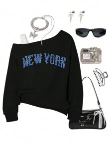 SHEIN Tween Girls Shoulder Cut-Out Floral Print Sweatshirt - Black - View 5