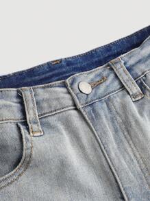 SHEIN Tween Girl Y2K Fashion Pocket Patchwork Frayed Ripped Fashionable Flared Jeans , Fall Winter - Medium Wash - View 5