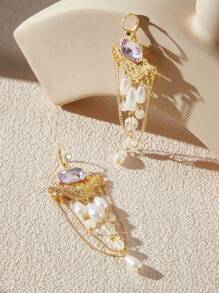 SHEIN Belle Crystal Rhinestone Pearl Beaded Tassel Drop Earrings