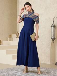 Al Najma 女式拼接几何图案露肩优雅阿拉伯连衣裙