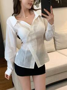 DAZY Women Asymmetric Design Solid Color Casual Chic Shirt, For Daily Wear,Fall Women Clothes Long Sleeve Top