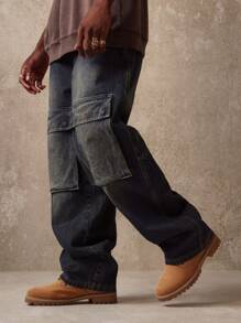 SUMWON 滑板款工装牛仔裤，拼接设计，阔腿，都市街头装，工作服，宽松版型，四季皆宜，做旧休闲裤 - 藍色 - 查看 3