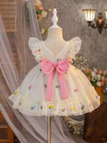 SHEIN 夏季寶寶女孩可愛紗質花紋荷葉邊無袖連衣裙