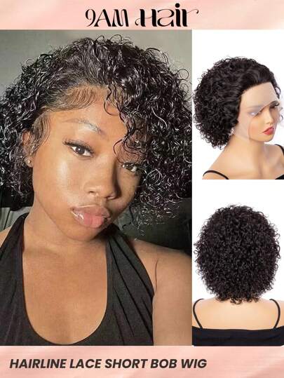 Pelucas De Cabello Humano De Onda Acuática Transparente Pixie Cut 12x1, Pelucas Frontales Rizadas Con Encaje De 150% De Densidad, 8 Pulgadas, Color Negro Natural Pre-arrancado Con Línea De Cabello Natural