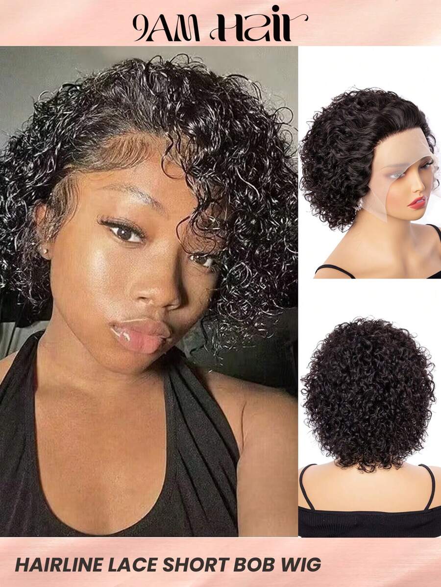 透明水波人髮假髮短髮精靈頭12x1捲曲蕾絲鬆緊帶假髮150％密度8英寸自然黑色面罩已拔毛自然發際線