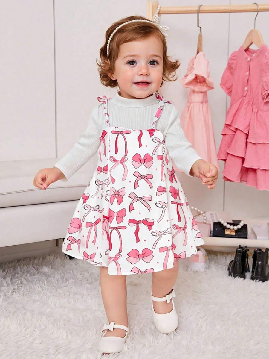 SHEIN 2 sztuki/zestaw dla niemowląt, dziewczęcy koreański styl, swobodny biały dzianinowy golf i tkana sukienka z nadrukiem motyla na szelkach - Wielokolorowe - Zobacz 1