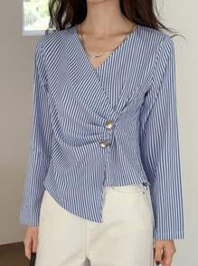 DAZY Women's Striped Waist Cinching Long Sleeve Blouse, Latest Summer Design