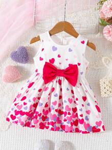 SHEIN 女婴可爱优雅情人节粉色和红色心形图案无袖收腰 A 字形派对连衣裙，适合春夏季