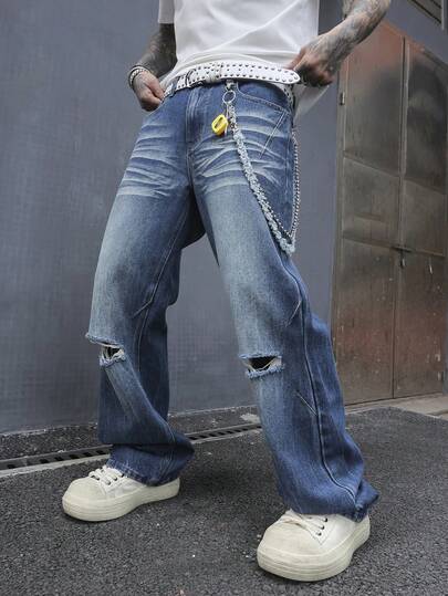 Manfinity Roughcore Jeans casuales de talla grande para hombres, lavados y desgastados