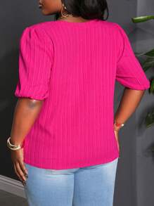 Slaydiva Women Plus Size Solid Color V-Neck Short Puff Sleeve Blouse