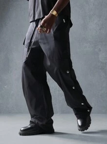 SUMWON Nylon Flare Fit Cargo Pants With Snap Details, Streetwear Athletic Technical Pants, Urban Style Workwear Bottoms, Utility Performance Pants