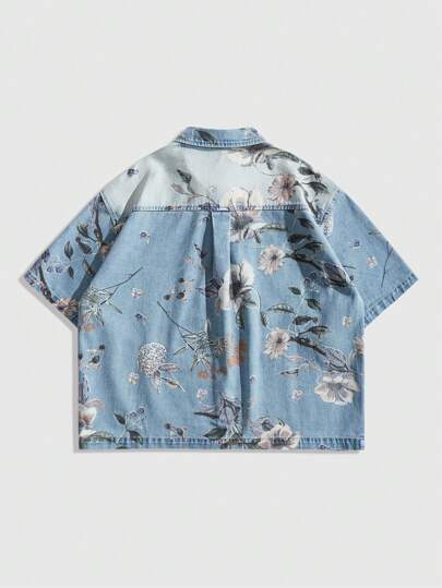 Street Life Men's Floral Print Short Sleeve Single Breasted Casual Denim Shirt Vacation