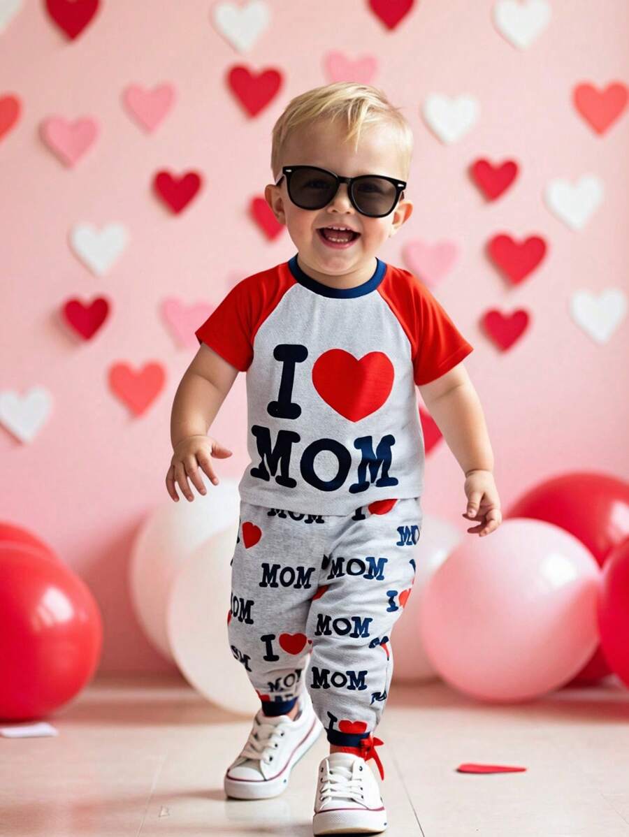 SHEIN Baby Boys Red Color Block Letter Heart Graphic Print Long Sleeve Top And Elastic Waist Pants 2 Pieces Outfit, Suitable For Spring, Autumn, Valentine's Day Party - Multicolor - View 1