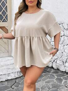 SHEIN CURVE+ Plus Size Women's Summer Solid Color Round Neck Bat Sleeve Loose Shirt With Ruffled Hem Boho Vacation - Apricot - View 5