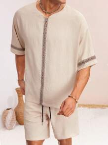 SHEIN X ELOISA & ORSON Manfinity VCAY Set de 2 piezas con camiseta de manga corta de cuello en V informal y holgada, y pantalón corto recto con cintura elástica para hombre