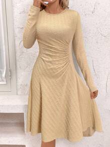 SHEIN Clasi Women Solid Color Round Neck Long Sleeve Ruched Casual Mini Dress - Apricot - View 5