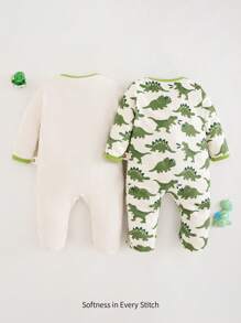 Cozy Pixies 新生男婴 2 件套 卡通恐龙图案针织柔软圆领长袖连体衣和裤子套装 - 綠色 - 查看 2