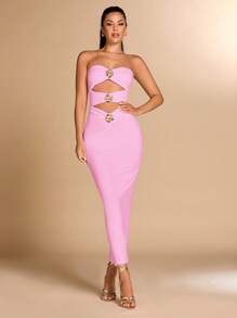 SHEIN BAE 女式秋季金属花朵装饰性感露背无袖紧身连衣裤连衣裙 - 淺粉色 - 查看 4