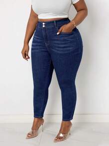 SHEIN Lady Plus High Waist Cat Whisker Jeans - Dark Wash - View 4