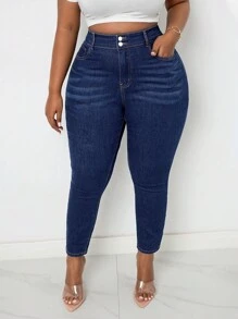 SHEIN Lady Plus High Waist Cat Whisker Jeans - Dark Wash - View 6