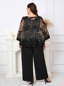 SHEIN Clasi 弧形大码女式无袖收腰连体裤金色闪光刺绣外套优雅两件套，大码女式春夏连衣裙，女士度假装，外出装，婚礼，狂欢节，大码女式两件套，商务休闲女士，大码女式连体裤优雅 - 黑色 - 查看 4