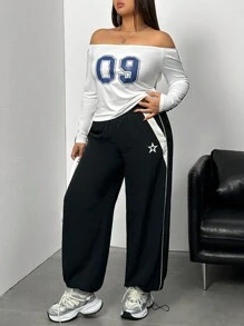 INAWLY 女式 Y2K 露肩侧条纹数字印花加大码 T 恤图案 T 恤女式上衣 - 白色 - 查看 3