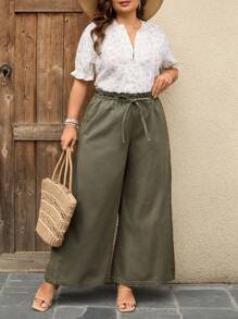 SHEIN LUNE Damen Jeans in Große Größen mit Taillenbindung, Taschen und weitem Bein, Lässig