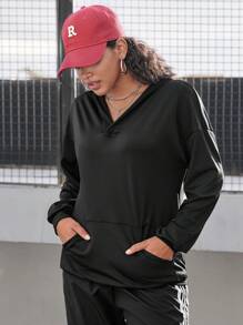 Easithlete 女士纯色落肩长袖口袋连帽运动衫 - 黑色 - 查看 6