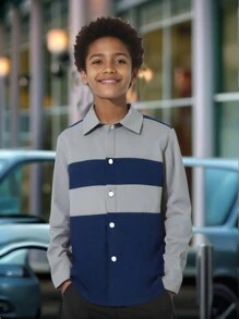 Tween Boy Casual Patchwork Collared Long Sleeve Shirt - Grey - View 1