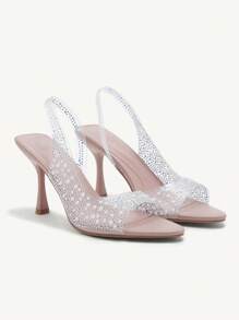 CUCCOO CHICEST 尖头细高跟水钻和人造珍珠装饰女士高跟凉鞋，露趾，时尚性感派对鞋春季鞋