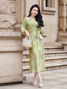 DAZY 女士两件套：格子V领泡泡袖系带衬衫和半身裙，秋季女装复活节 - 綠色 - 查看 8