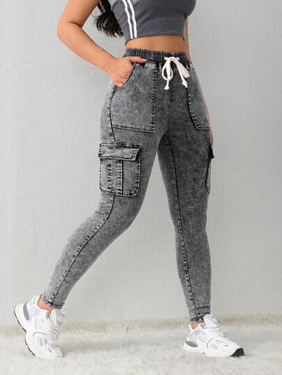 SHEIN Tall Jeans de mujer con bolsillo de carga, de estiramiento, con forro térmico negro, jeans de invierno, jeans térmicos de denim teddy, pantalones jogger térmicos de forro de felpa para mujer, jeans negros de invierno, ropa de mujer para invierno, conjunto de chándal térmico