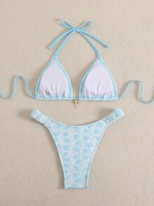 SHEIN Swim 2 Stück Bikini Set mit Dreiecksform und Trägern in Kokosbaum-Textur, mit Kokosbaum-Anhänger, süß & sexy Bademode für den Strandurlaub - Verschiedenfarbig - Übersicht 5
